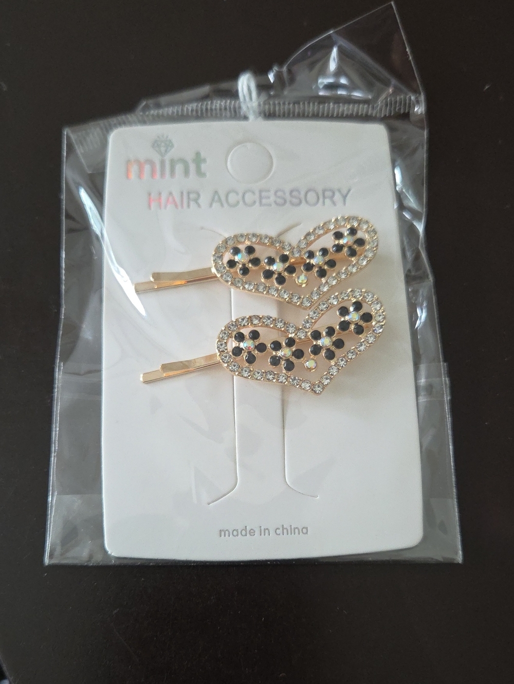 Mint Heart Rhinestone Hair Clips - Gold & Black Gold Filled